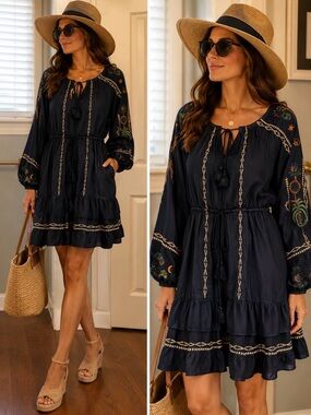 Jade Navy Embroidered Tie-Front Mini Dress